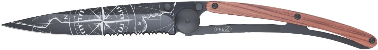 deejo - 37G Serrated Folding Pocket Knife with Belt Clip - Terra Incognita Design, 3.7-Inch Stainless Steel Blade, Black Titanium Finish, Coral Handle - Lightweight EDC for Home, Work, Outdoor Use