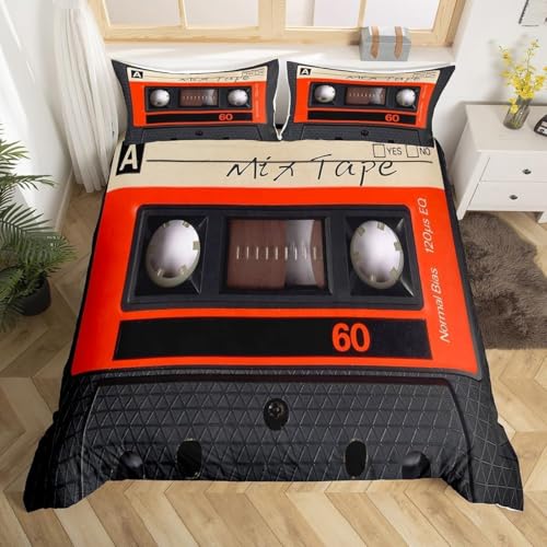 Cassette Tape Printed King Duvet Cover Set Music Theme Bedding Set Ultrasoft Microfiber Quilt Cover 220x230 cm with Zipper and 2 Pillowcases for Double Bed F-412
