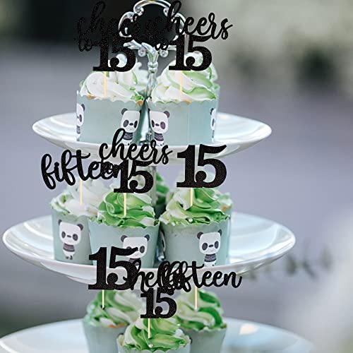 36 Pack 15Th Birthday Cupcake Toppers Black Glitter Cheers To 15 Cupcake Topper Fifteen Hello 15 Cupcake Picks 15Th Birthday Anniversary Party Cake Decorations Supplies #TOP3