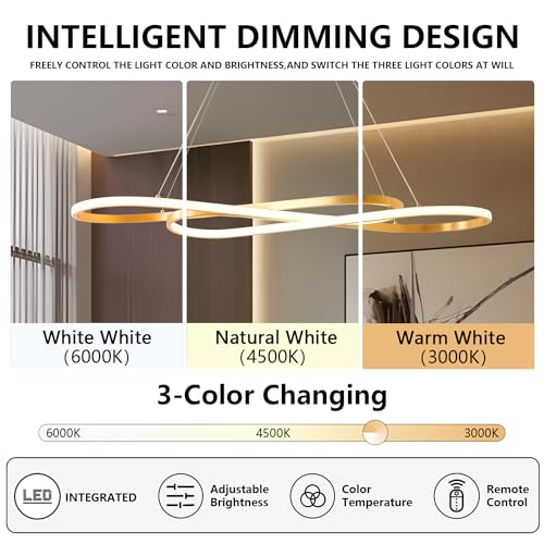 Image of Gold Led Chandelier for Kitchen Island Lighting,Dimmable Modern Chandelier for Dining Room, L39.4 inch Modern Led Pendant Light Fixture Height Adjustable Brushed Gold Dining Room Light Fixture Over Table
