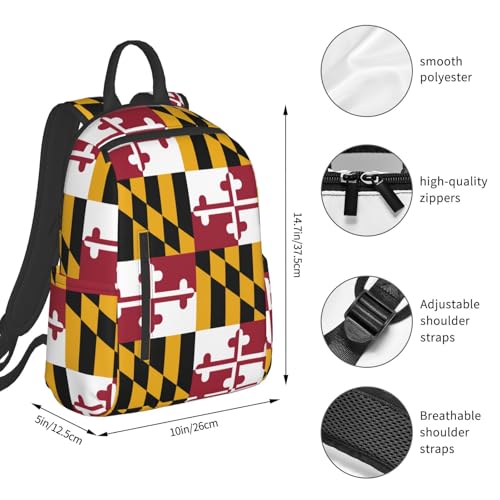 Maryland State Flag Lightweight Backpack DAY BACKPACK with Front Zipper Pockets & Side Patch Bags. Unisex BACKPACKS4