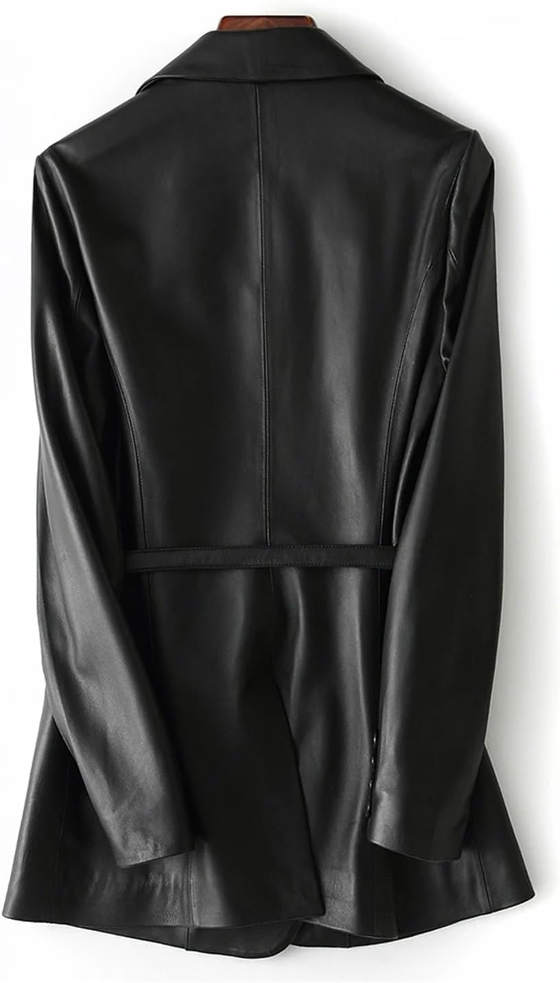 Women Black Faux Leather Blazer Long Sleeve Belt Leather Jacket