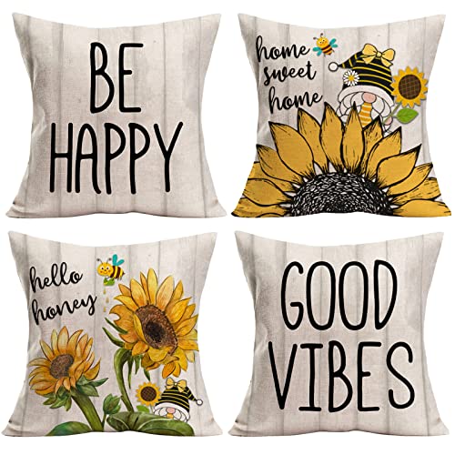 Royalours Home Sweet Home Farmhouse Pillow Covers Rustic Sunflower Throw Pillow Covers 20X20 Inch Set Of 4 Gnomes Bee Farm Pillow Case Cotton Linen Outdoor Yellow Floral Cushion Cover For Sofa #TOP19