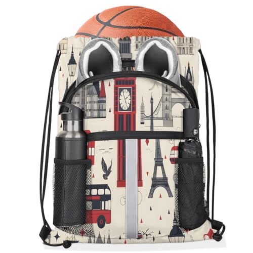 London Drawstring Backpack with Water Bottle Pocket Lightweight String Bag Big Ben England Sports Gym Swim Sackpack for Men Women3