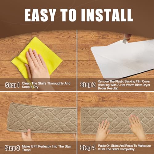 OXKVPVF 15 Pack 8 "X 30" Non-Slip Carpet Stair Treads for Indoor Wooden Steps, Made of Polyester and Reusable Adhesive, Suitable for Kids Elders and Pets（Beige Lines） by OXKVPVF - Used condition - Image 4
