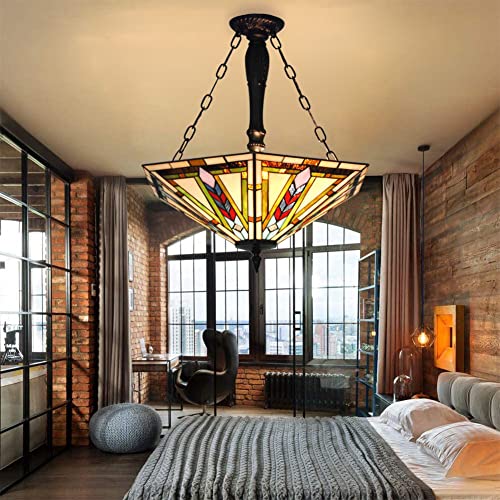 Harword Tiffany Hanging Lamp, 5-Light 22 Inch Stained Glass Mission Style Hanging Chandelier Victorian Inverted Pendant Lighting Fixture For Dining Room Kitchen Island Game Room Bars #TOP4