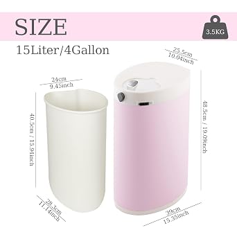 Nappy Bin, Odour Free Baby Nappy Disposal Bin, Diaper Bin, Pink | Stainless Steel Diaper Pail, odor-proof with double childproof lock, soft-close lid and inner bucket, fits bin liners, 15L