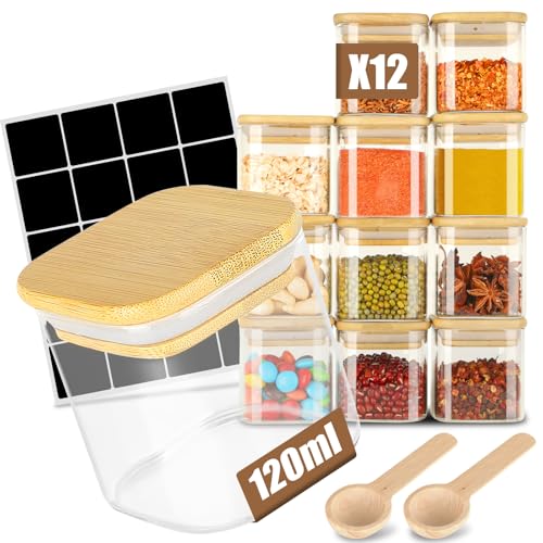 Withosent 12er Vorratsdosen Glas Set, 120ml Gewürzgläser Eckig Holzdeckel, Vorratsgläser Gewürzbehälter mit Deckel Löffel Klein, Stapelbare Gewürzdosen Küche für Gewürze, Spice Jars