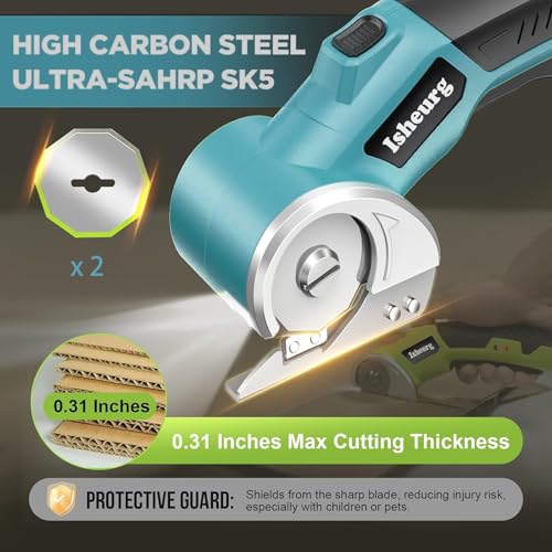 Isheurg Kartonschneider Elektrisch,Elektrische Schere,Akkuschere Tragbar Rollschneider Akku-Universalschneider Rotationsschneider - 2 Elbstschärfender Klinges - für Papier,Pappe,Teppich,Leder,Filz