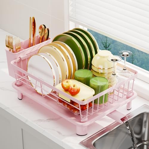 Dish Drainer Rack with Drip Tray, Sink Dish Drainer with Drainage Spout, Stainless Steel Dish Drying Rack with Cups, Utensil & Cutting Board Holders for Kitchen Counter Space-Saving, Pink