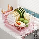 GHERISN Dish Drainer Rack with Drip Tray, Sink Dish Drainer with Drainage Spout, Stainless Steel Dish Drying Rack with Cups, Utensil & Cutting Board Holders for Kitchen Counter Space-Saving, Pink
