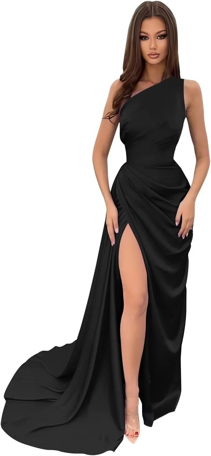 UZN Women's One Shoulder Satin Bridesmaid Dresses Long Wrap Split Mermaid Pleated Formal Wedding Gowns