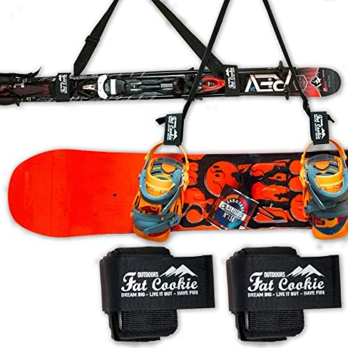 Fat Cookie Outdoors Ski and Pole Carrier Strap 2 Pack Set for Carrying Snowboard, Skis and Poles. Pair of Ski Carrier Straps with Adjustable Shoulder Sling for Kids, Men and Women.