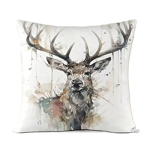 Image of Watercolour Deer Print Cushion Cover, Square, 45 cm, Rustic Wildlife Stag Design, Sofa Throw Pillow Case