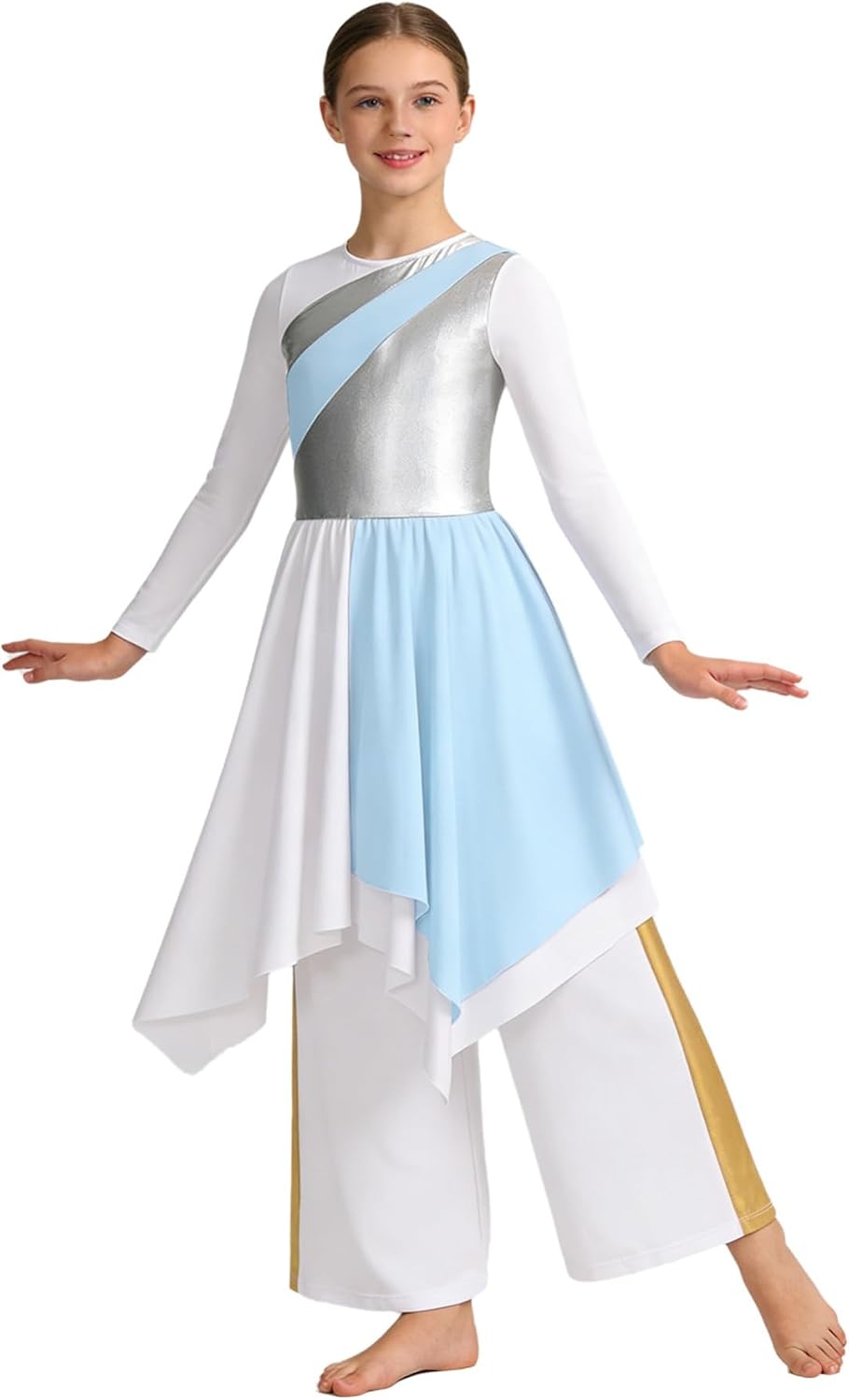 iEFiEL Girls Sparkly Praise Dance Tunic Dress with Pants Set | Long sleeve glitter worship dress, high-low asymmetrical hemline and back zipper,liturgical choir tunic dress outfit