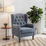 COLAMY Mid-Century Modern Living Room Accent Chair, Button Tufted Wingback with Thick Padded Seat, Upholstered Armchair, Fabric Sofa Arm Chair with Solid Wood Legs for Bedroom/Office/Café,Dark Blue
