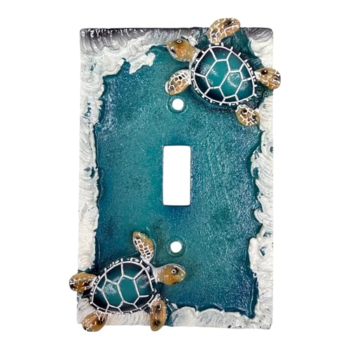 Sea Turtle Light Switch and Outlet Cover Electrical Plates – Hand-Painted Resin Wall Decor for Beach, Coastal & Nautical Styles – Ocean Waves Design - Mounting Screws Included (Single Toggle Switch)
