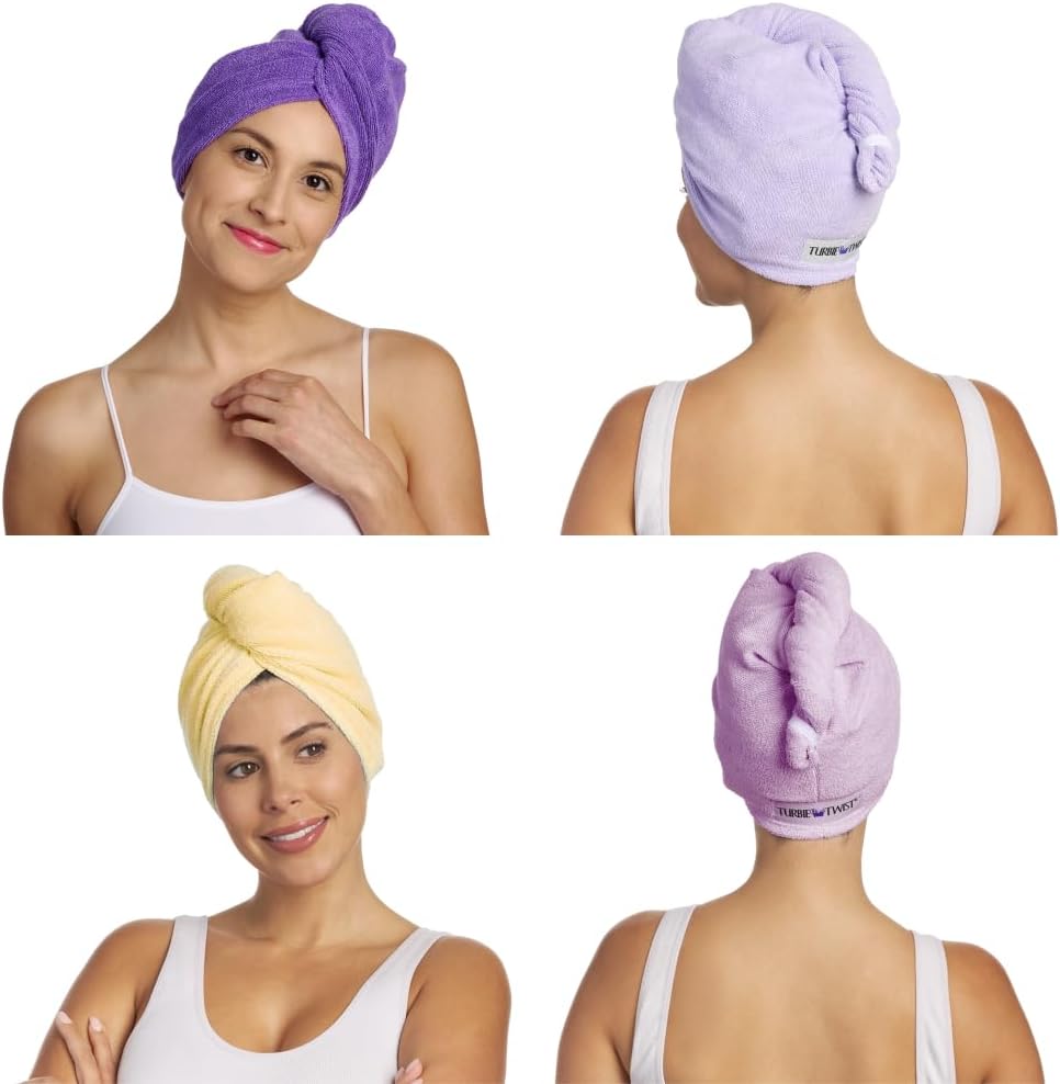 Turbie Twist Microfiber Hair Towel Wrap - for Women, Men & Kids - Travel & Bathroom Essential - Quick Dry Hair Turban for Curly, Long & Thick Hair - (Dark Purple, Light Purple, Lilac/Lemon)