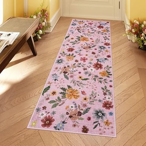 Sungea Pink Runners for Hallways 2'x6',Floral Kitchen Runner Rug Machine Washable Runner Rugs Non Slip with Rubber Backing, Soft Carpet Runner for Laundry Bedroom Entryway Cover