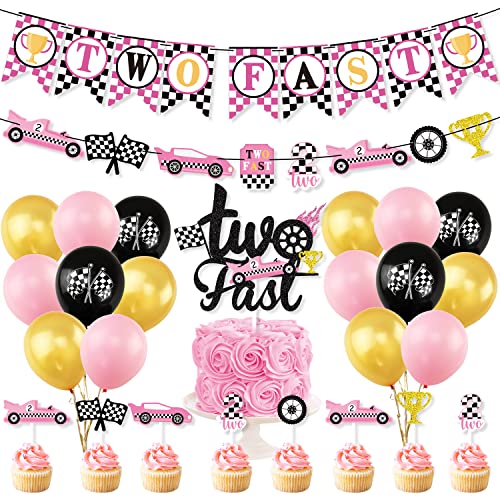 K KUMEED Two Fast Race Car Party DecorationsHot Pink Checkered Theme Two Fast Banner Gold and Black 10 Latex Balloons Racing