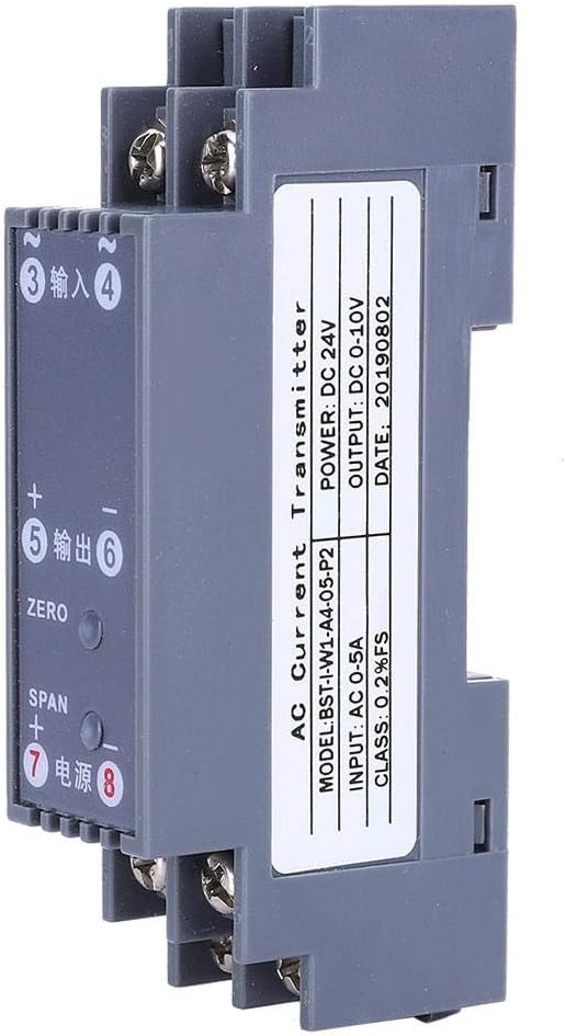 Side view of the Thincol AC Current Transducer showing the label with model and power details, and the ZERO and SPAN adjustment points.
