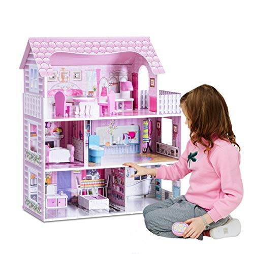 GOPLUS Maison de Poupées, Maison de Rêve en Bois, Villa Enfant à 3 Etages et 5 Pièces avec Mobiliers, Jouet de Rôle, y Compris Cuisine, Chambre, Salle de Bain et Balcon, 61 x 26,5 x 71CM, Rose