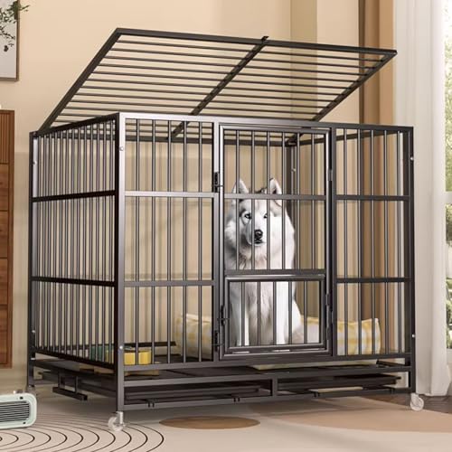 Hundekäfig, zusammenklappbar, aus verzinktem runden und quadratischen Rohr, abnehmbares Oberlicht mit Schwenkrollen und einer kleinen Tür, erhältlich in 4 Größen, Schwarz, 77 x 55 x 76 cm