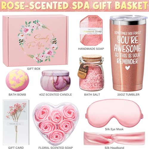 Image of Birthday Gifts for Women Friendship, Rose Relaxing Spa Gifts Basket for Women, Self Care Thank You Gift Bath Set Mothers Day Gift for Mom Her Best Friend Wife Sister Coworker Nurse Teacher