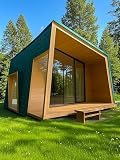 Modern Outdoor Garden Pod, Glass Sliding Doors, Wood Construction, Green Accent Roof, Backyard Studio Cabin