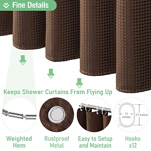 Dynamene Brown Fabric Shower Curtain - Waffle Weave Textured Heavy Duty Cloth Shower Curtains For Bathroom, 256Gsm Hotel Luxury Weighted Bath Curtain Set With 12 Plastic Hooks,72X72, Brown #TOP3