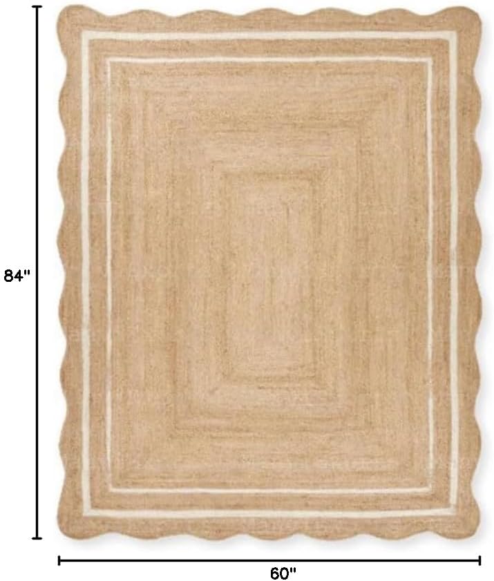 Chouhan Natural Jute Scalloped Bohemian Decor Handwoven Custom Decorative Rug (BD1) (5x7 ft-WHT)
