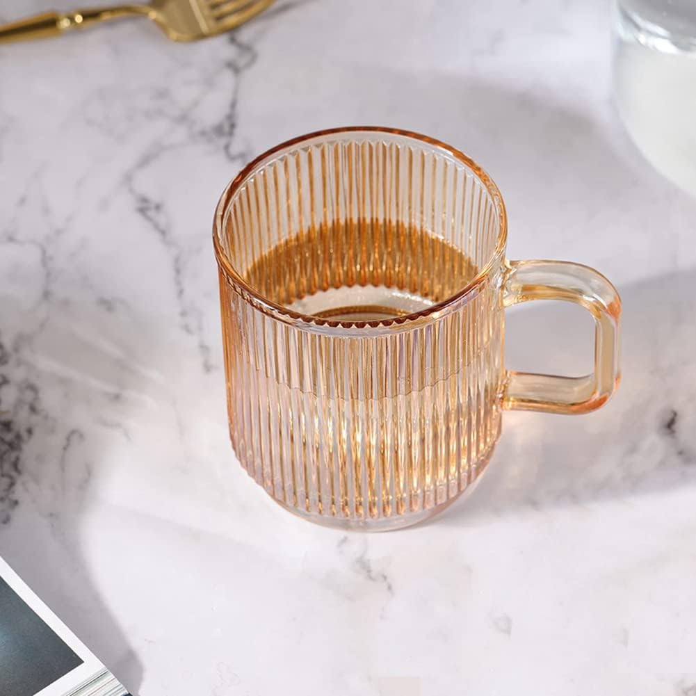 2Pc Glass Coffee Cup with Lid Glass Coffee Mugs Ribbed Coffee Glasses with Handle for Latte Cappuccino Tea Milk B