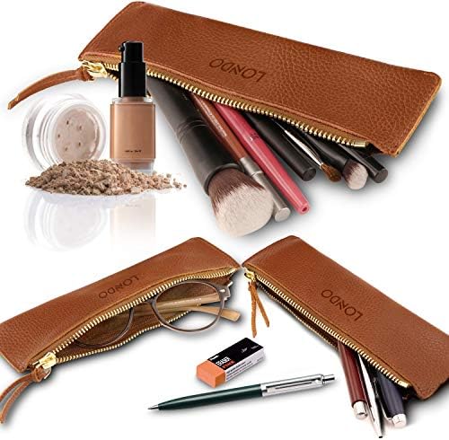 LONDO Zippered Genuine Leather Pen and Pencil Case Cosmetic Pouch