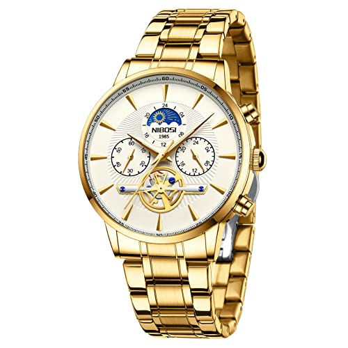 Image of NIBOSI Automatic Men's Watches Analog Mechanical Green Dial Stainless Steel Watches for Men Waterproof Military Business Casual Wrist Watches with Calendar