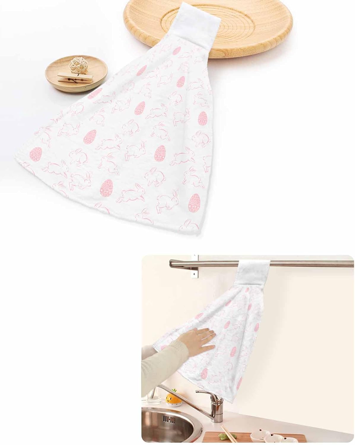 Easter Bunny Kitchen Hand Towels with Hanging Loops Set of 2 Pink Eggs Cute Rabbits Cartoon Soft Thick Oven Fingertip Dry Microfiber Tie Dish Towel Absorbent Cleaning Washcloth for Bathroom Kitchen