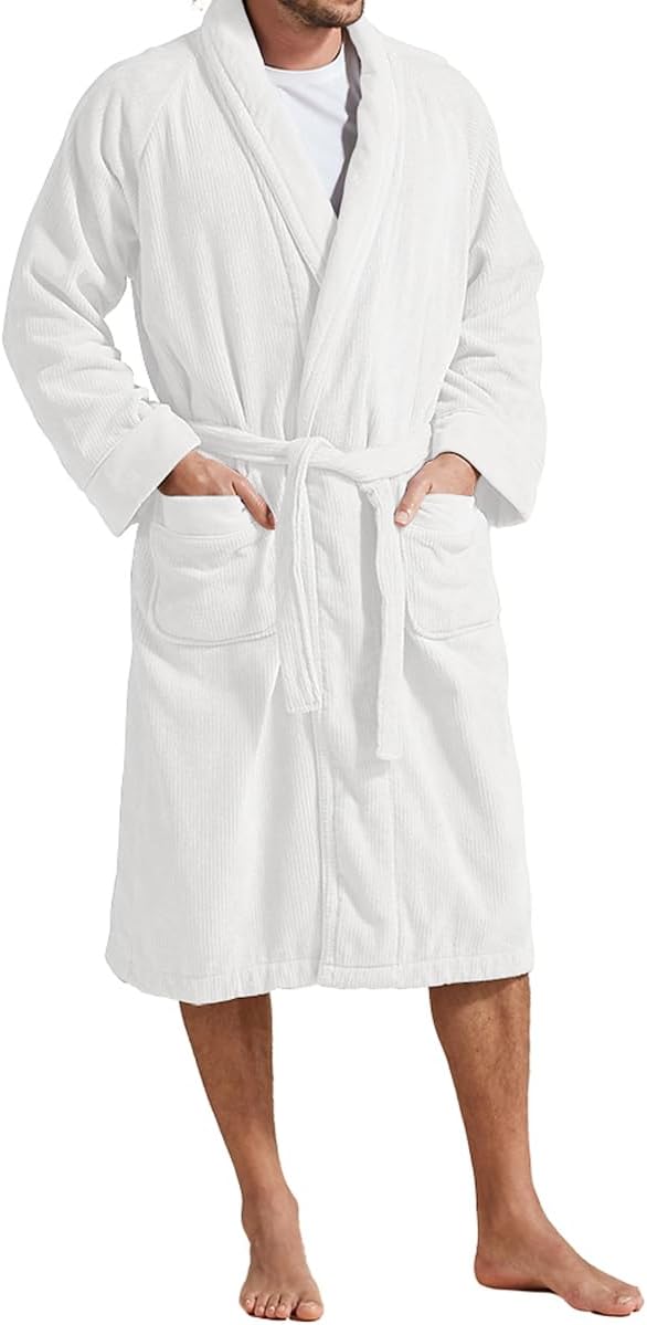 ChristyChristy Luxury Egyptian Bath Robe | Soft Ribbed Dressing Gown | Spa Inspired Men's Bathrobe | Sustainably Manufactured | 100% Egyptian Cotton | Size Small-Medium | White