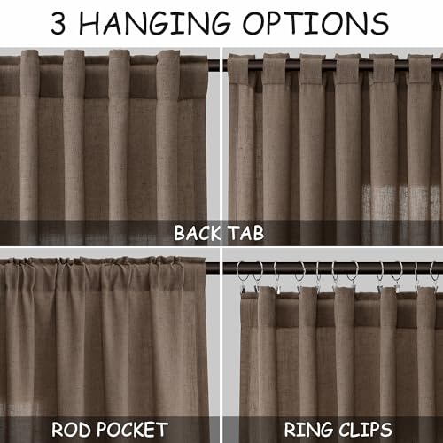 Image of Extra Long Light Brown Curtain 108 Inches Long 2 Panels Set Back Tab Linen Drapes for Living Room Neutral Farmhouse Light Filtering Semi Sheer Linen Curtains 108 Inch Length for Large Window 9 FT
