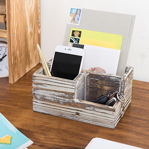Mygift Rustic Torched Wood Desktop Office Stationery Organizer Tray With 3 Compartment, Multipuprose Caddy Remote Control And Media Storage Holder #TOP1