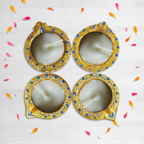 Image of Party Propz Golden Wax Filled Clay Diya for Puja - Set of 4 Wax Diya for Decoration, Pooja Decoration Items for Home, Teracottas Diyas for Puja Decorations Items, Clay Diyas for Pooja