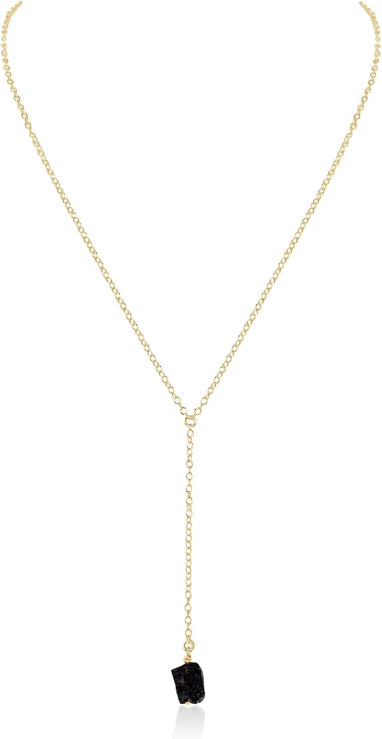 Luna Tide Black Tourmaline Raw Nugget Lariat in 14k Gold Fill