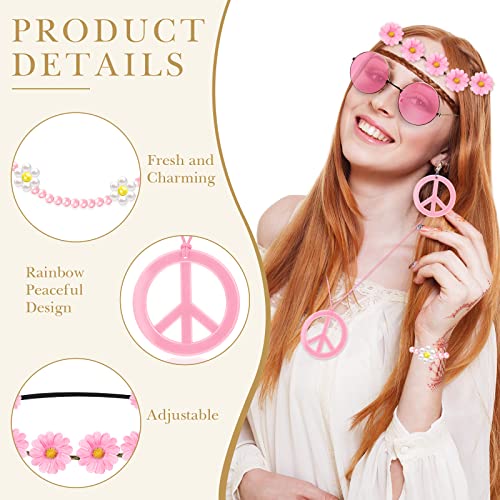 6 Pcs Hippie Costume Accessories Set, Boho Peace Sign Daisy Flower 60s 70s Party Favors Decorations for Groovy Party Girls (Pink) - Thumbnail 3