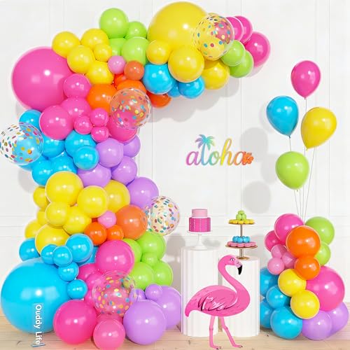 Image of Ouddy Life 157 Pcs Tropical Balloons Arch Garland Kit, Hot Pink Blue Yellow Lime Green Orange Purple Rainbow Colorful Balloon Different Size for Summer Hawaiian Luau Aloha Birthday Party Decorations