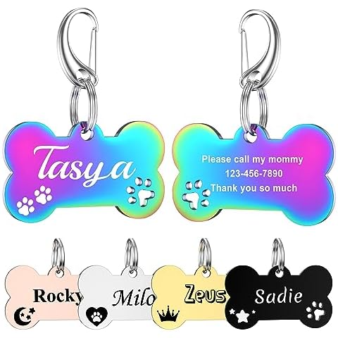 Dog Tags Engraved for Pets Personalized - GISUERY Pet ID Tag with 48 Icon Options - Stainless Steel and Double-Sided Engraving - Dog Tag Engraved for Pets with 1 Lobster Clip (Bone with Paw) Cover