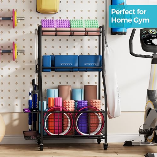 Cerlyunzan Sports Equipment & Toy Storage Rack with Wheels, 3-Tier Ball Organizer for Balls, Rackets & Sports Gear, Large Capacity with Racket Slots & Hooks, for Garage, Home Gym or Backyard – 23\" W