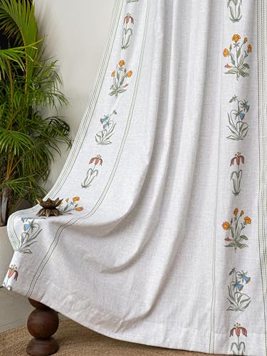Image of Tranquebar Curtain Co. Window Curtains 6 Feet, 60-65% Room Darkening,Multi Ivory Gul Print, Cotton Curtains for Window, Cotton Curtains 6 Feet Long Set of 2, BackTab Loops,Gul (183 cm) - Set of 2