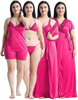 PHKMALL Satin 6 Piece Nightwear Set, Coral Pink Lace Trim Sleepwear with Robe, Nighty, Top, Shorts, Lingerie Set for Wome... Price In India