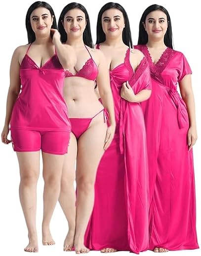 PHKMALL Satin 6 Piece Nightwear Set, Coral Pink Lace Trim Sleepwear with Robe, Nighty, Top, Shorts, Lingerie Set for Wome...