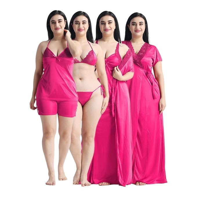 Image of Satin 6 Piece Nightwear Set, Coral Pink Lace Trim Sleepwear with Robe, Nighty, Top, Shorts, Lingerie Set for Women, Summer Collection-Mehndi Green.