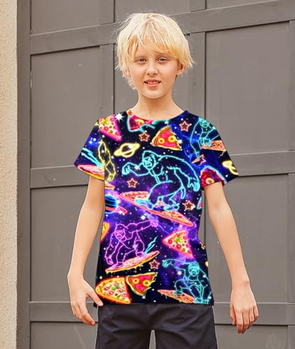 Image of uideazone Neon Space Tshirts for Boys Kids 10T Summer Short Sleeve T-Shirt 3D Print Pizza Gprillas Graphic Tee Shirts 9-12 Years