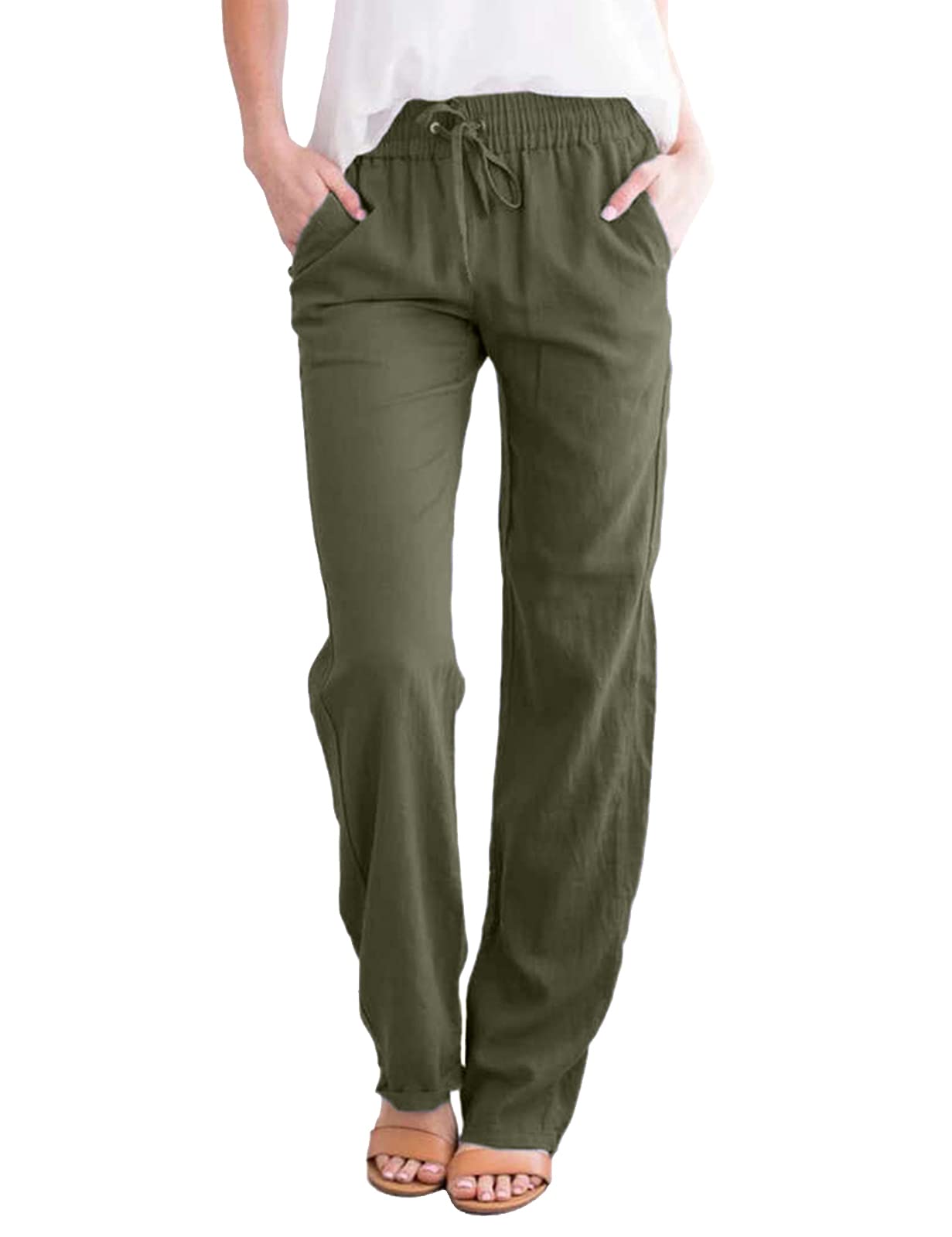 Voqeen Donna Pantaloni con Tasche Coulisse Estivi Confortevoli Casual Pantaloni in Cotone e Lino Semplici e alla Moda